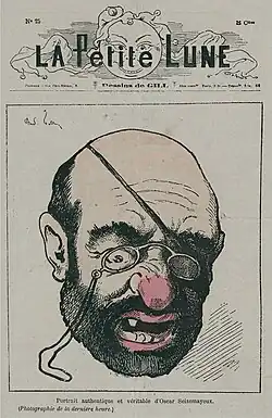 Press caricature showing the face of a bald, one-eyed, toothless man with a red nose.