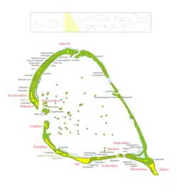 Map of Laamu Atoll and Haddhunmathi Atoll.