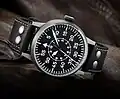 A leather strap on a Laco Flieger watch with origins dating to World War II.