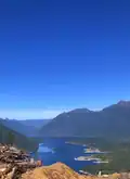 View of west side of Lake Cushman from Mt. Ellinor. Background includes Jacob's Peak and Jenni's Peak