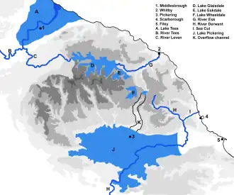 A relief map of the North York Moors showing rivers, hills and lakes