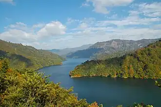 Okutadami Lake, an artificial lake where many fishermen come to catch the delicious species living here