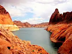 The red-rock shores of Lake Powell, seen at a low water level.