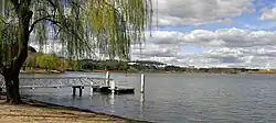 A small pontoon juts out onto the lake under the shade of a tree. Clouds are present in the sky.