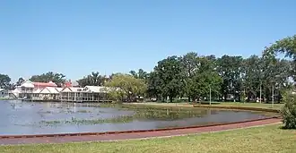 Lake Wendouree from View Point. On the left are the boat sheds of the Ballarat City, Ballarat & Clarendon College, Canoe Club, Golden City Steamer and Boat Shed cafe restaurant; Middle is the Lakeview Hotel
