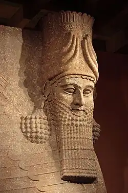 Close-up detail of lamassu head from Oriental Institute