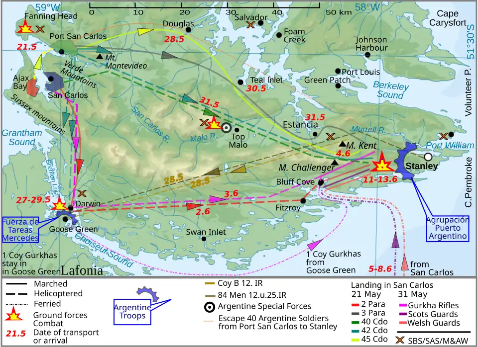 A map showing part of East Falkland. Stanley is on the east side and the landing areas around Port San Carlos and Ajax Bay on the West side.