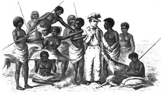 Illustration of a European man standing among a group of Aboriginal people, several holding spears