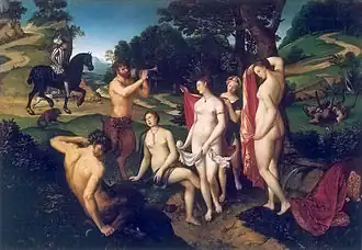 Three nymphs in the forest bathe the goddess Diana. Two satyrs surround the women, one of whom is playing an instrument. A man on a black horse rides in the background.
