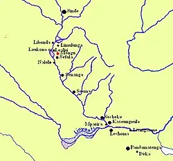 Map of settlements, most are on the Zambezi which runs north to south.