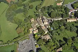 Aerial view of the church and village