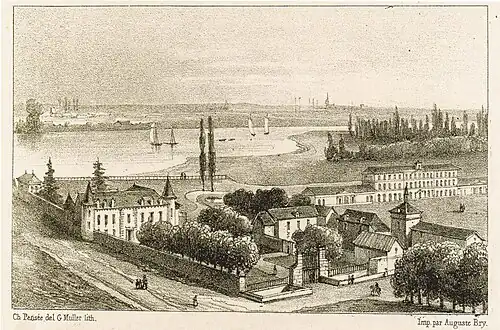 View of château des Hauts of La Chapelle-Saint-Mesmin, lithograph by Romagnesi after Charles Pensée.