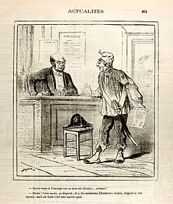 Press drawing showing a standing man with a sword at his side and a document in his hand, in front of a seated man at a desk with a bicorne on a stool.