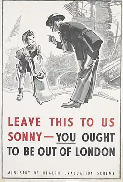 A boy wearing a toy military helmet tries to help a firefighter after an air raid, who scolds him; the caption reads, "Leave this to us sonny – You ought to be out of London."