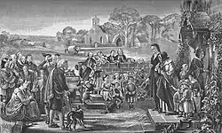 A minister and his family leaving their Church of Scotland manse during the Disruption (engraving J. M. Corner[8]) based on Quitting The Manse[9] (oil painting G. Harvey) – featuring Tullibody Old Kirk