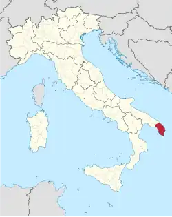 Map highlighting the location of the Province of Lecce in Italy