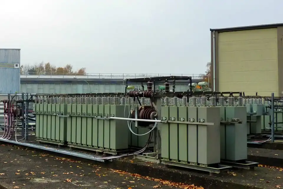 One of several energy storage power film capacitor banks, for magnetic field generation at the Hadron-Electron Ring Accelerator (HERA), located on the DESY site in Hamburg, Germany