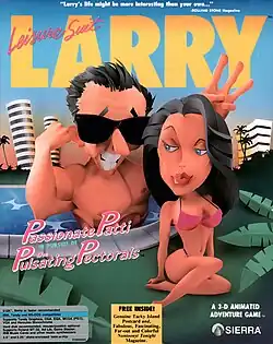 Colorful video game box cover with cartoonish caricatures of a grinning muscular man in sunglasses and a woman in a pink bikini by a pool, with palm trees and high-rise buildings in the background