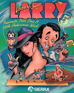 Colorful video game box cover with cartoonish depictions of Larry with a camcorder, Passionate Patti in a fedora holding a tape, and inset scenes scenes of roller skating and mud wrestling