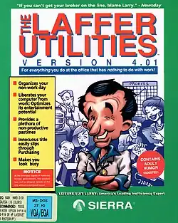 Software box cover with bold red title text, cartoon caricature of Leisure Suit Larry smirking with arms crossed, office workers illustrated in background, and satirical feature callouts mocking workplace productivity