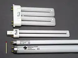 Assorted types of fluorescent lamps.