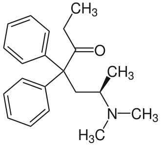 Structure of L-methadone, a further molecule whose crystals were studied in the development of the BD angle concept.