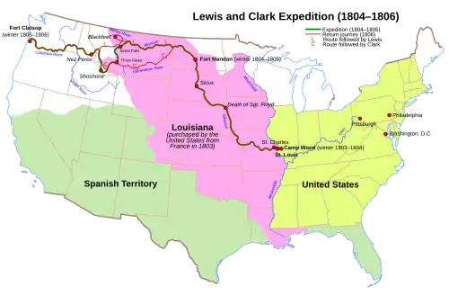Image 38Map of the Lewis and Clark expedition of 1804–1806, northwest through the newly acquired Louisiana Purchase of 1803. (from History of Washington (state))