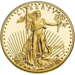 The obverse of the American Gold Eagle, a gold bullion coin in current production, designed by Saint-Gaudens