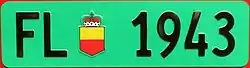 Green license plates are for agricultural and forestry vehicles and trailers. Each vehicle receives only one front plate (300 × 80 mm), which can be mounted at the front or rear of the vehicle. These plates are numbered from 21 to 2000.