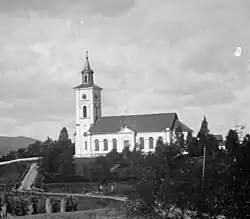 Black and white photograph of a church