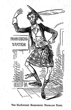 Cartoon of Lincoln in a kilt and fancy hat doing a jig