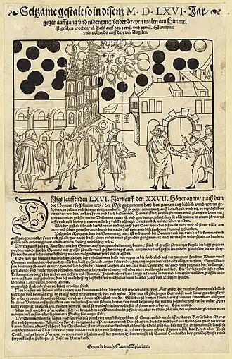 Woodcut art and broadsheet depicting 1566 celestial phenomenon over Basel.
