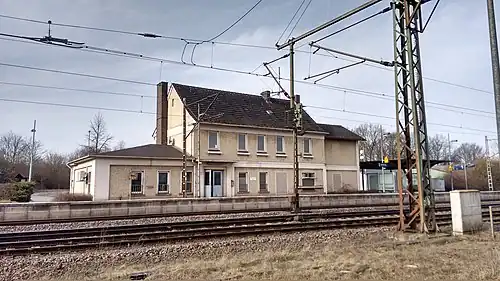 Railway tracks in front of a two-story building