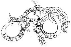 A line drawing of runic inscriptions on the Piraeus Lion, with ornate, swirling patterns.