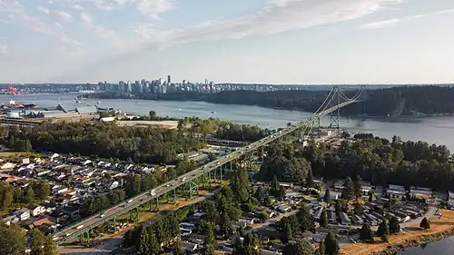 Lions Gate Bridge as seen from the North Shore with downtown Vancouver in the background, 2022