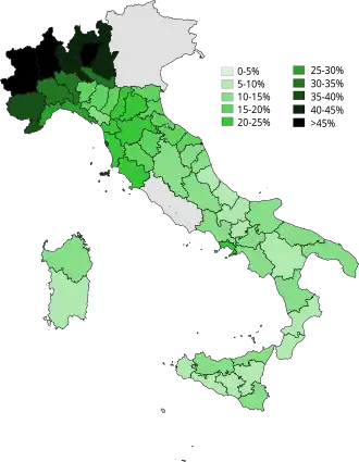 Image 9Literacy rates in Italy in 1861, shortly after the proclamation of the Kingdom of Italy. Italy lacks Lazio and the Triveneto, which were subsequently annexed. (from History of education)
