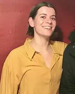 Lawrence at the merch stand at the Deaf Institute in Manchester, England, 2020