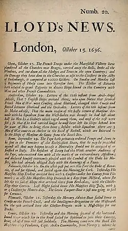 Front page of a news sheet bearing the title Lloyd's News. Also present are the words "Issue 20" and the date 15 October 1696