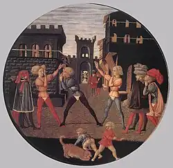 Desco da parto, with a game of Civettino, recto c. 1450, by Giovanni di ser Giovanni Guidi