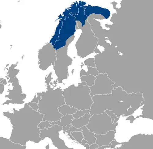 A map of northern Europe highlighting Sápmi, the traditional Sámi homeland, spanning northern Norway, Sweden, Finland, and the Kola Peninsula in Russia.