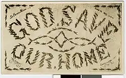 Postcard illustrating the terrible locust invasions of Minnesota and the surrounding area, with bodies of locusts spelling out the words "God Save Our Home"