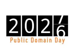 The year 2024 changing to 2025 on a flip clock display, with the words "Public Domain Day" beneath it in orange