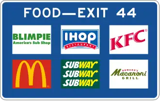 A blue sign consisting of the words "Food-Exit 44" and the logos or trademarks of the following fast food restaurants: Blimpie, IHOP, KFC, McDonald's, and Subway