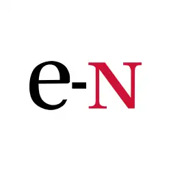 The lower-case letter 'e' and a hyphen in white, followed by the upper-case letter 'N' in red, on a white background