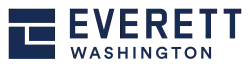 A blue square with three white lines to form a stylized "E", with the words "Everett Washington" next to it.