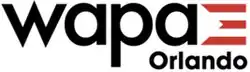 The letters w a p a in lowercase in a geometric sans serif next to a logo of alternating red and white stripes in a swallowtail shape intended to suggest those on the flag of Puerto Rico. The word "Orlando" is added in the lower right in black.