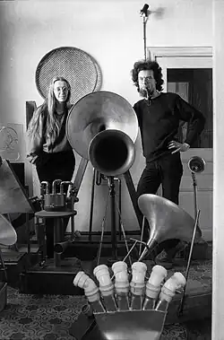 Moniek Darge and Godfried-Willem Raes, founders of the Logos Foundation, with a few of their instruments in 1983.