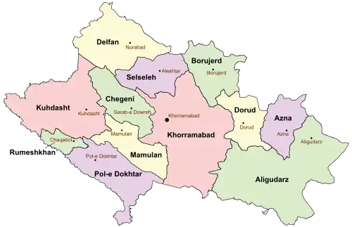 Location of Borujerd County in Lorestan province (top, green)