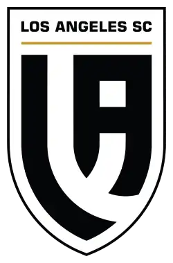 A back on white crest with an "L" and "A" stylised to fit the shape of the crest.