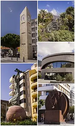 Top left: Los Llanos de Aridane Clock Tower; Top right: Antonio Gomez Felipe Park; Middle right: Benahorita Archaeological Museum; Bottom left: La Madre Monument in Carlos Francisco Lorenzo Navarro Square; Bottom right: El Guanche Monument in Dr. Fleming Street